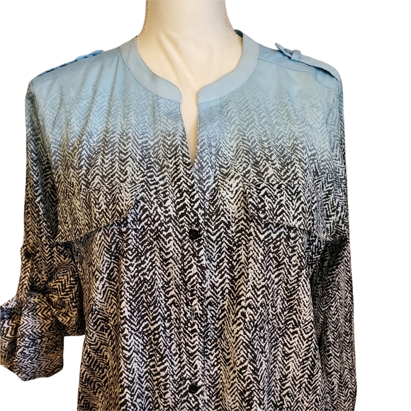 EUC Calvin Klein Ombre Mixed Pattern Utility Button Front Blouse - Picture 5 of 12